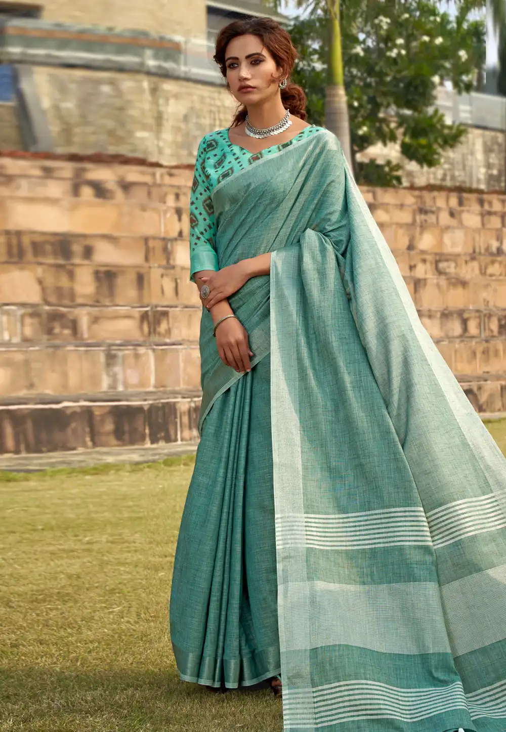 Sea Green Linen Saree With Blouse 330551