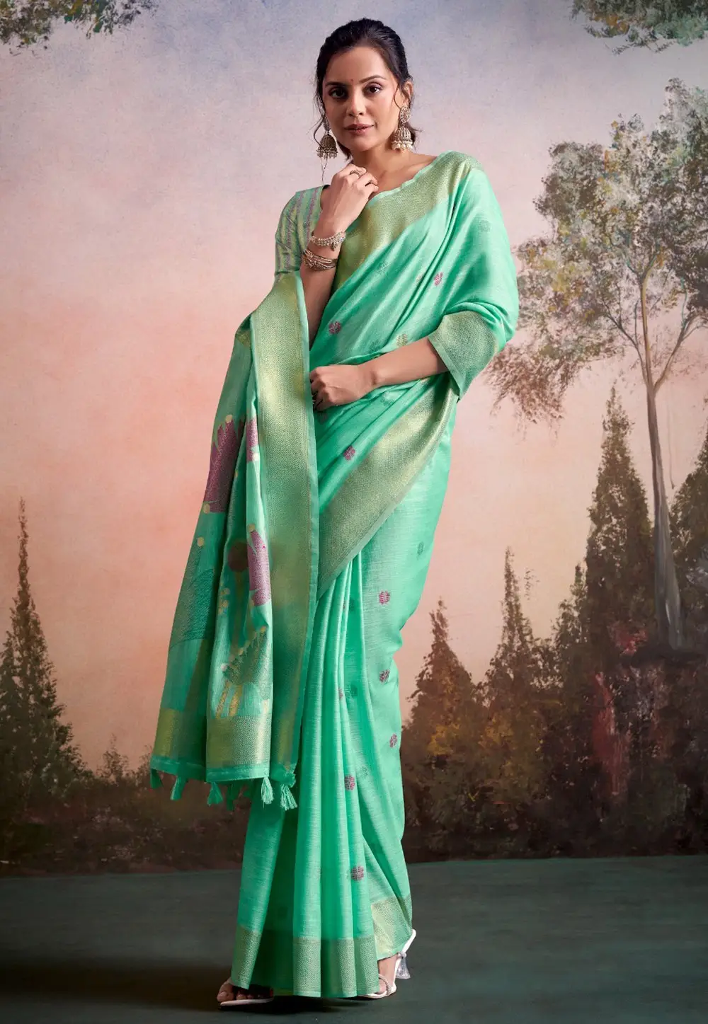 Sea Green Linen Saree With Blouse 333011