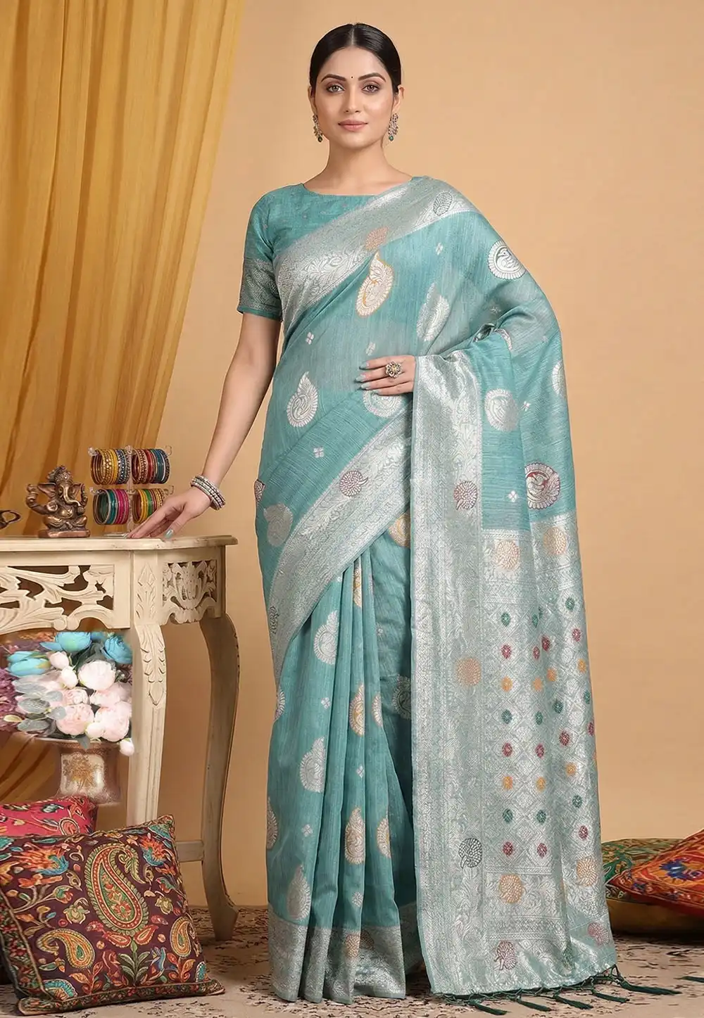 Sea Green Linen Saree With Blouse 326008