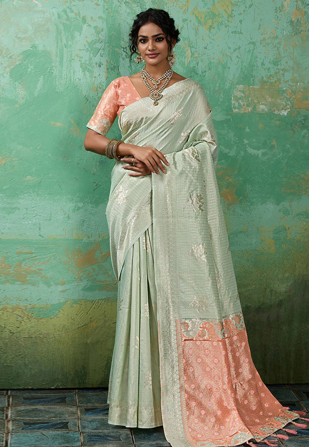 Sea Green Linen Saree With Blouse 329530