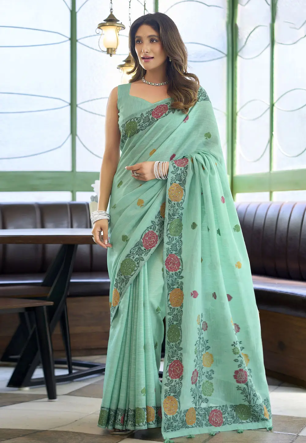 Sea Green Linen Saree With Blouse 336607