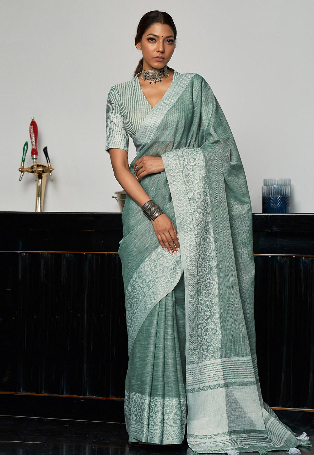 Sea Green Linen Saree With Blouse 311526