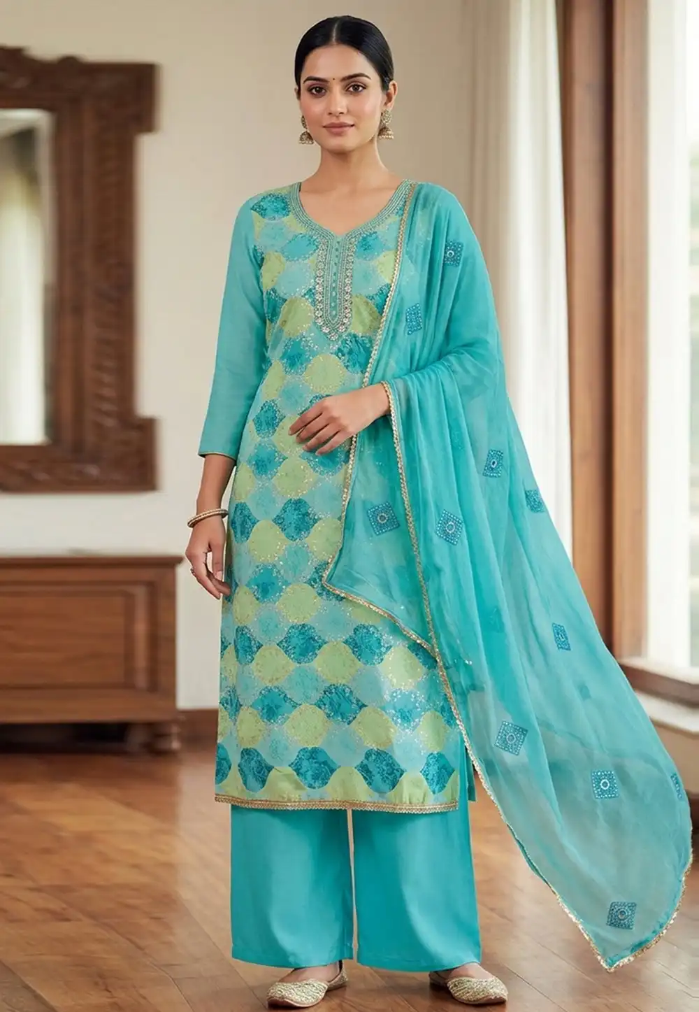 Sea Green Muslin Palazzo Suit 330595