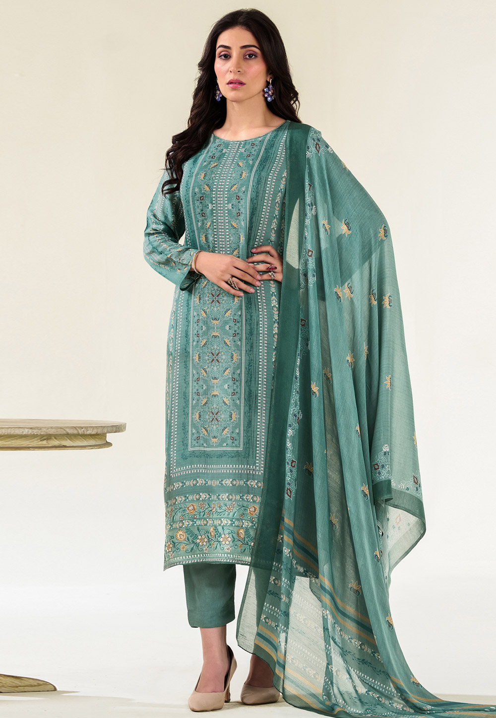 Sea Green Muslin Pant Style Suit 311057