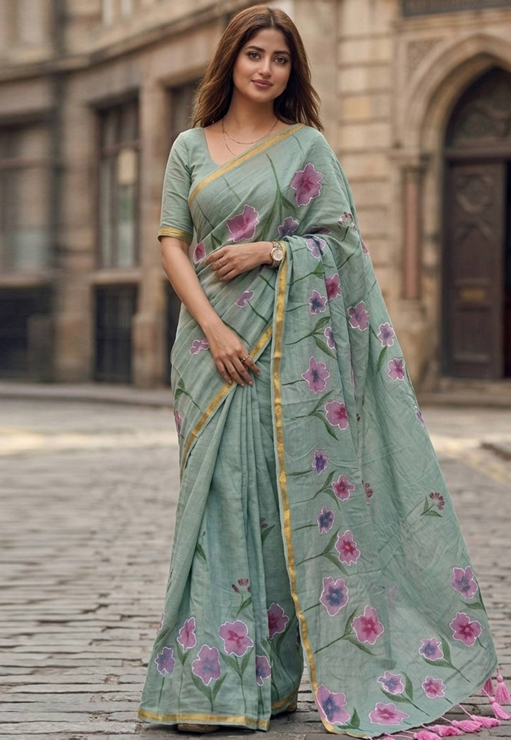 Sea Green Muslin Saree With Blouse 328982
