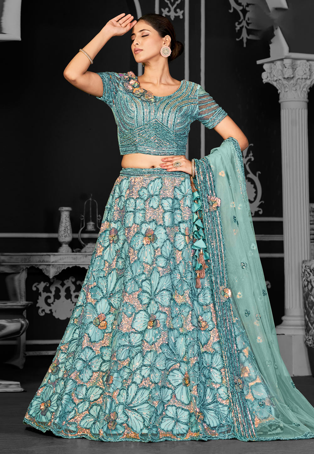 Sea Green Net A Line Lehenga Choli 310225