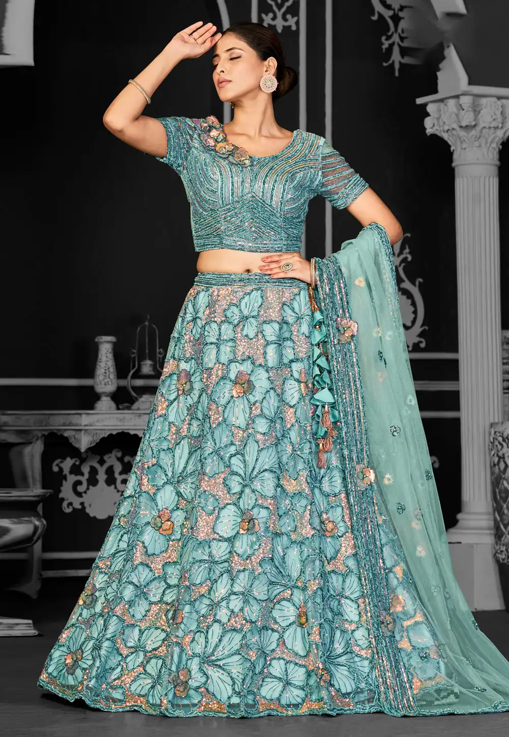 Sea Green Net A Line Lehenga Choli 310225