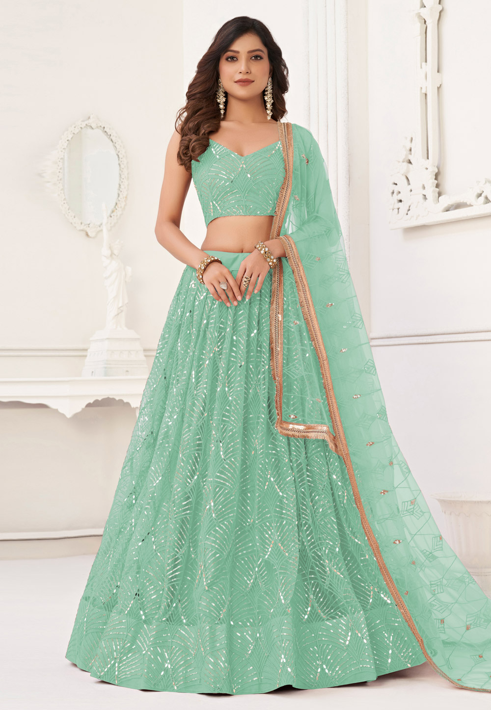 Sea Green Net Circular Lehenga Choli 323353
