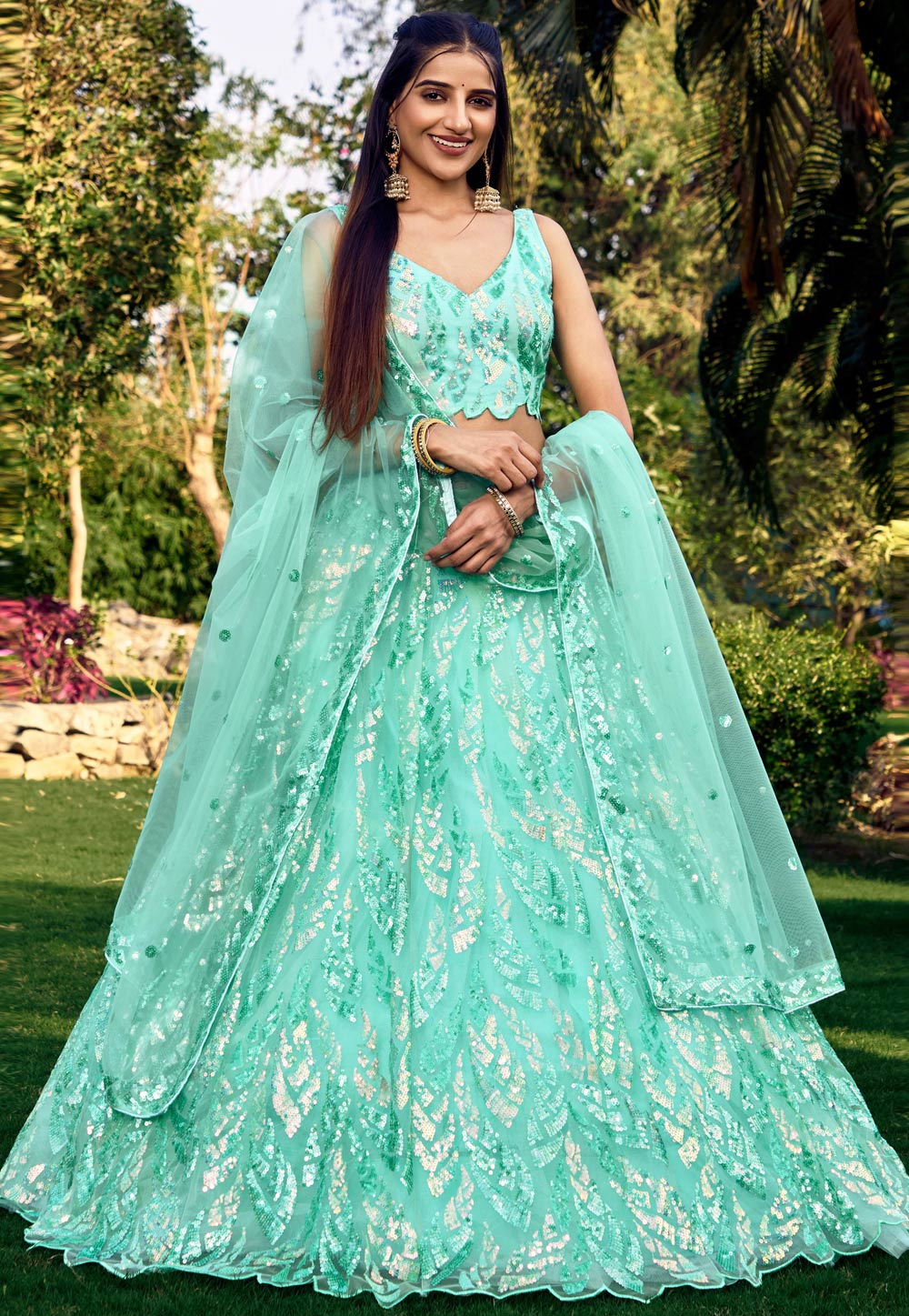 Sea Green Net Circular Lehenga Choli 284839