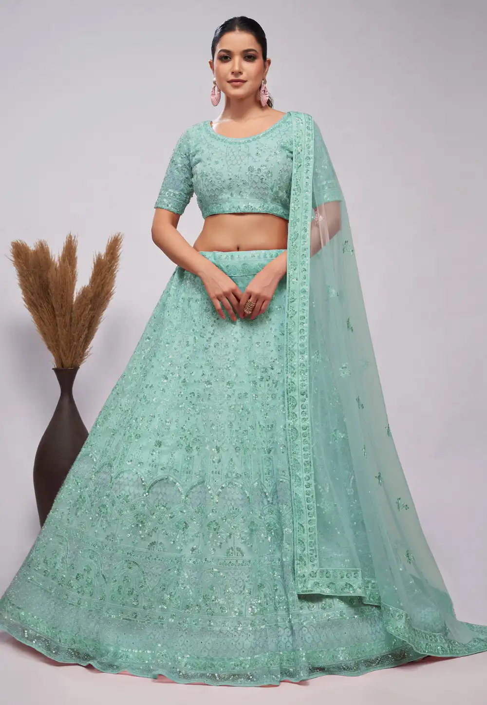 Sea Green Net Circular Lehenga Choli 288574