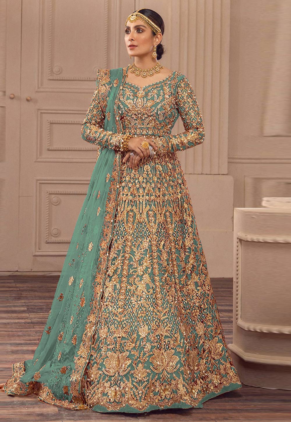 Sea Green Net Embroidered Anarkali Suit 311660