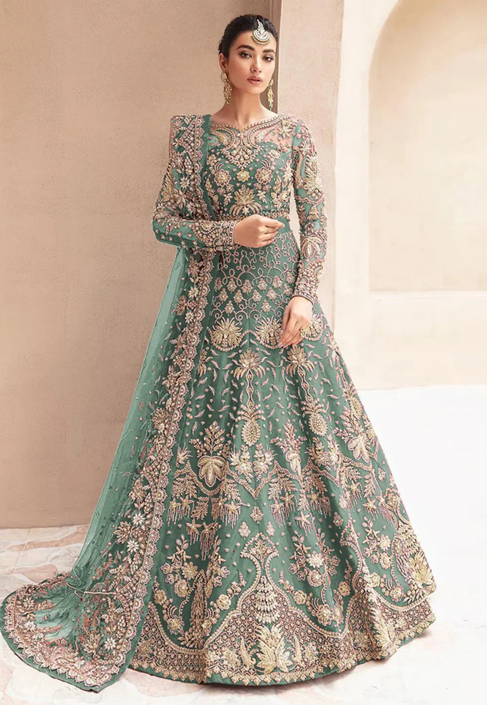 Sea Green Net Embroidered Long Anarkali Suit 304446