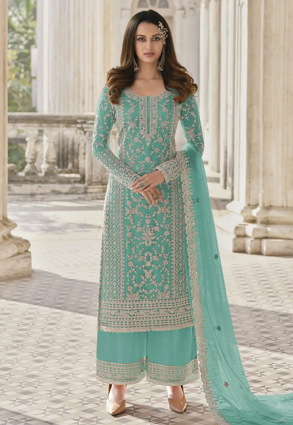 Sea Green Net Embroidered Palazzo Suit 334490
