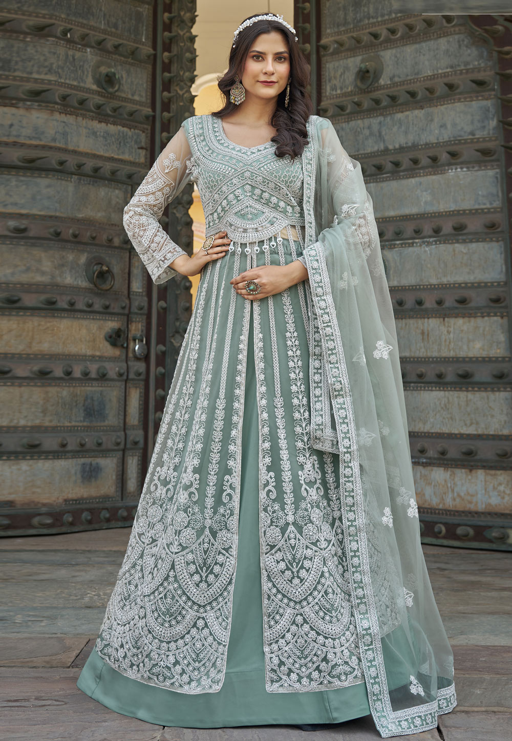 Sea Green Net Indo Western Lehenga Choli 312873