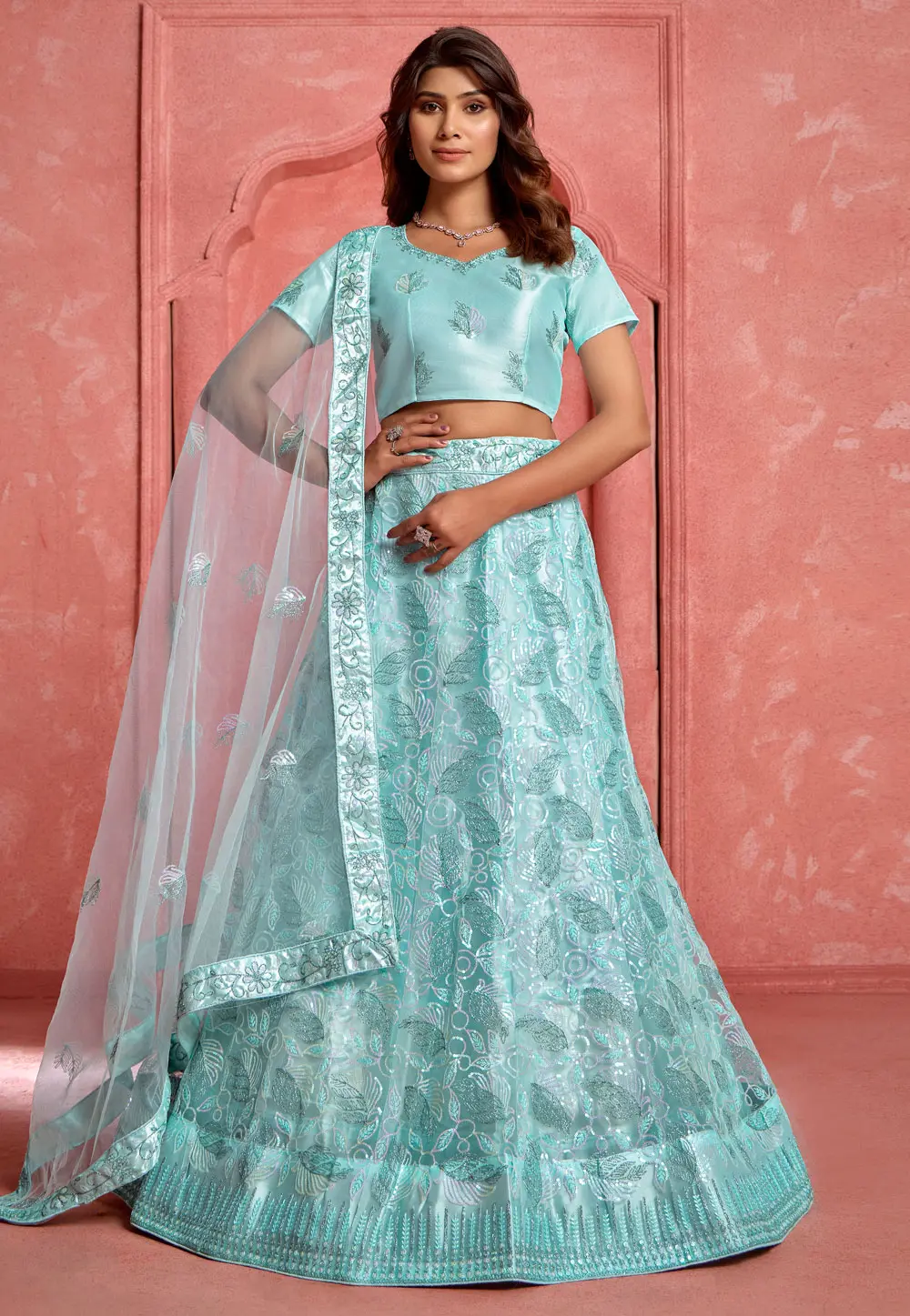 Sea Green Net Lehenga Choli 303349