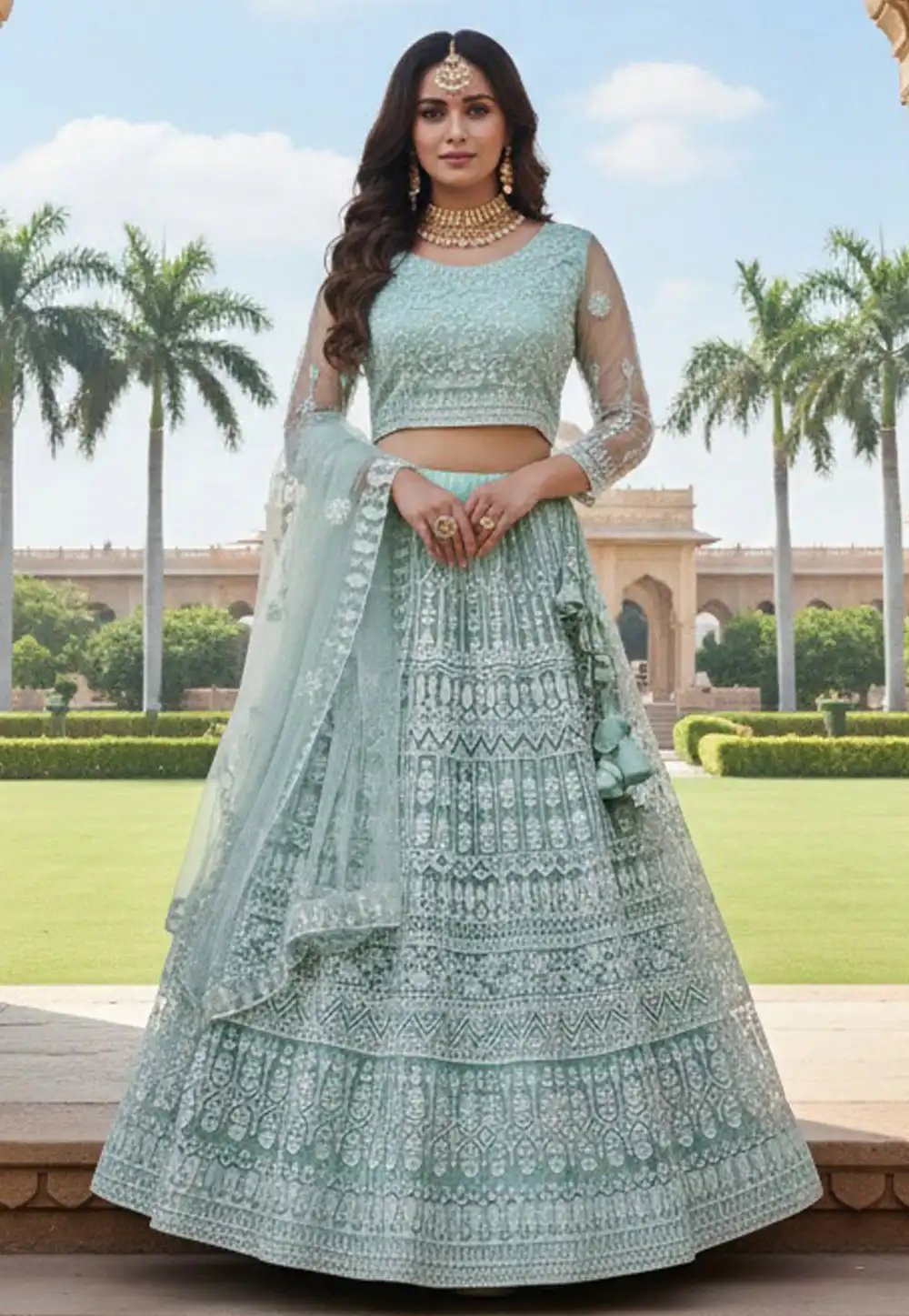 Sea Green Net Lehenga Choli 329146