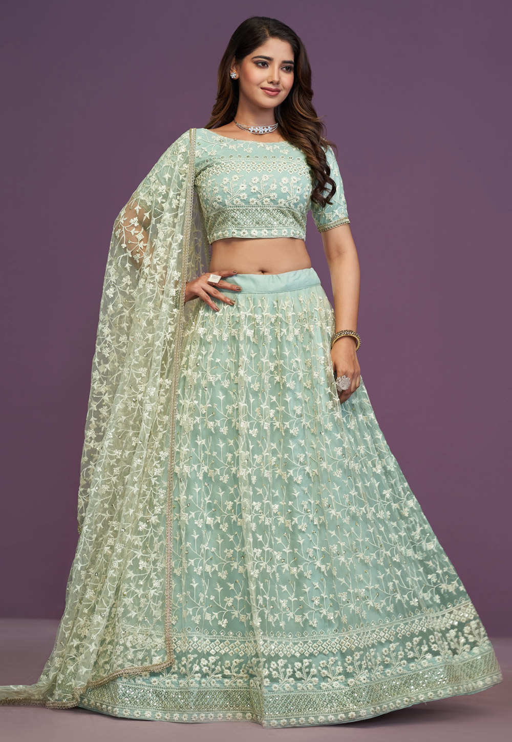 Sea Green Net Lehenga Choli 329419