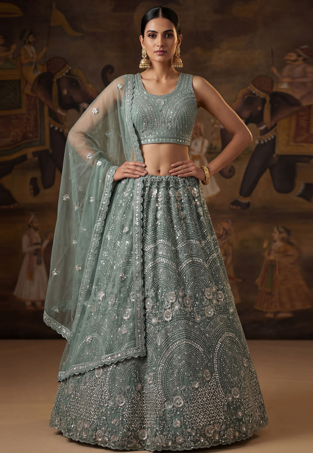 Sea Green Net Lehenga Choli 323366