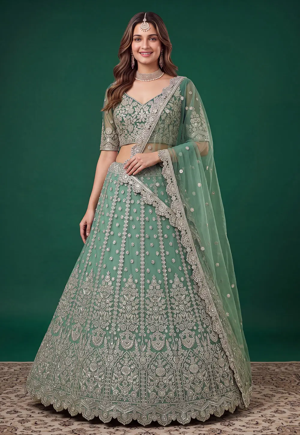 Sea Green Net Lehenga Choli 334503