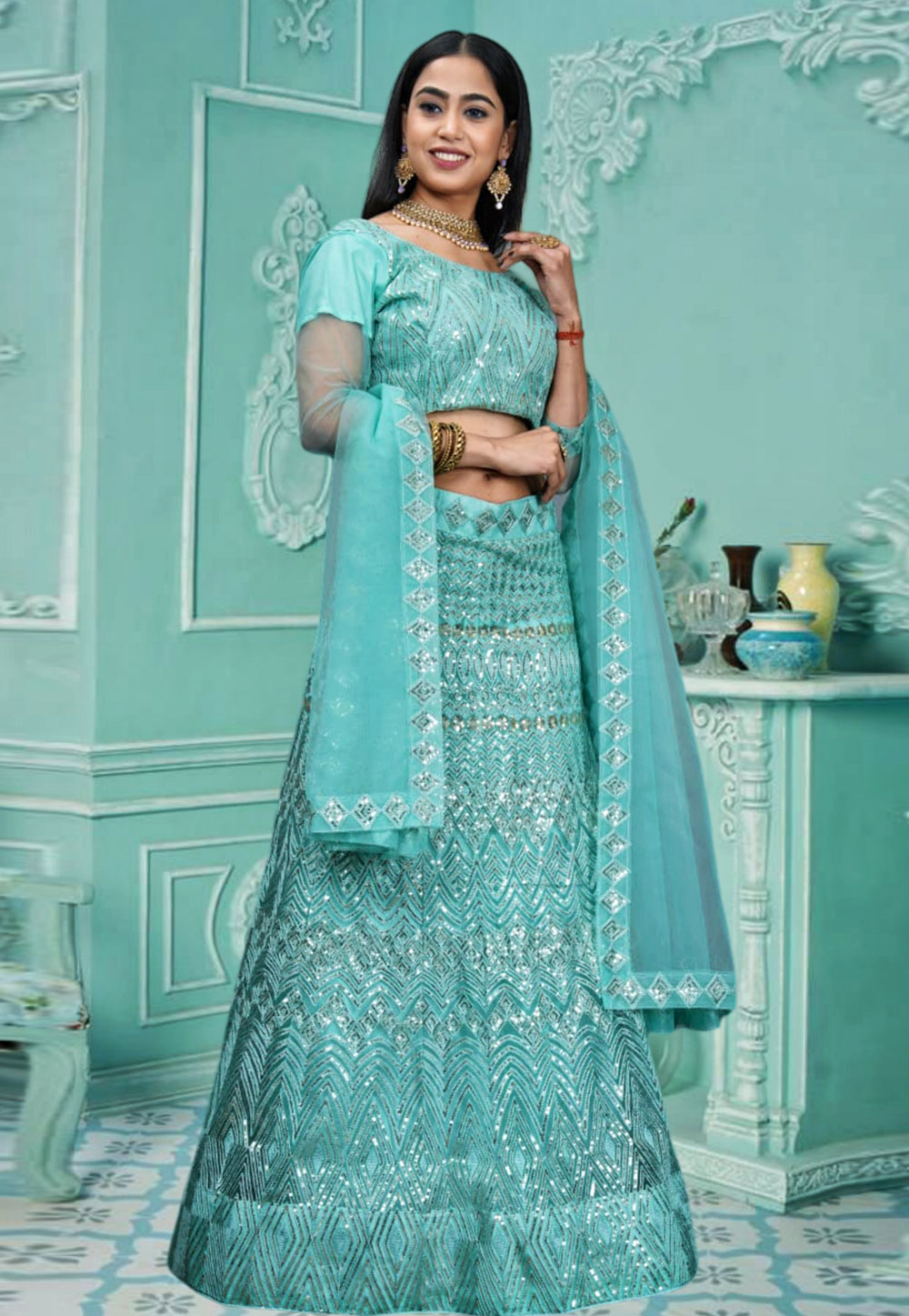 Sea Green Net Lehenga Choli 287581