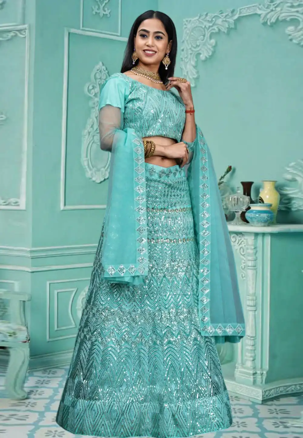 Sea Green Net Lehenga Choli 287581