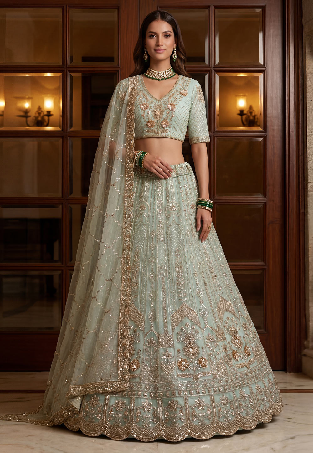 Sea Green Net Lehenga Choli For Wedding 327005