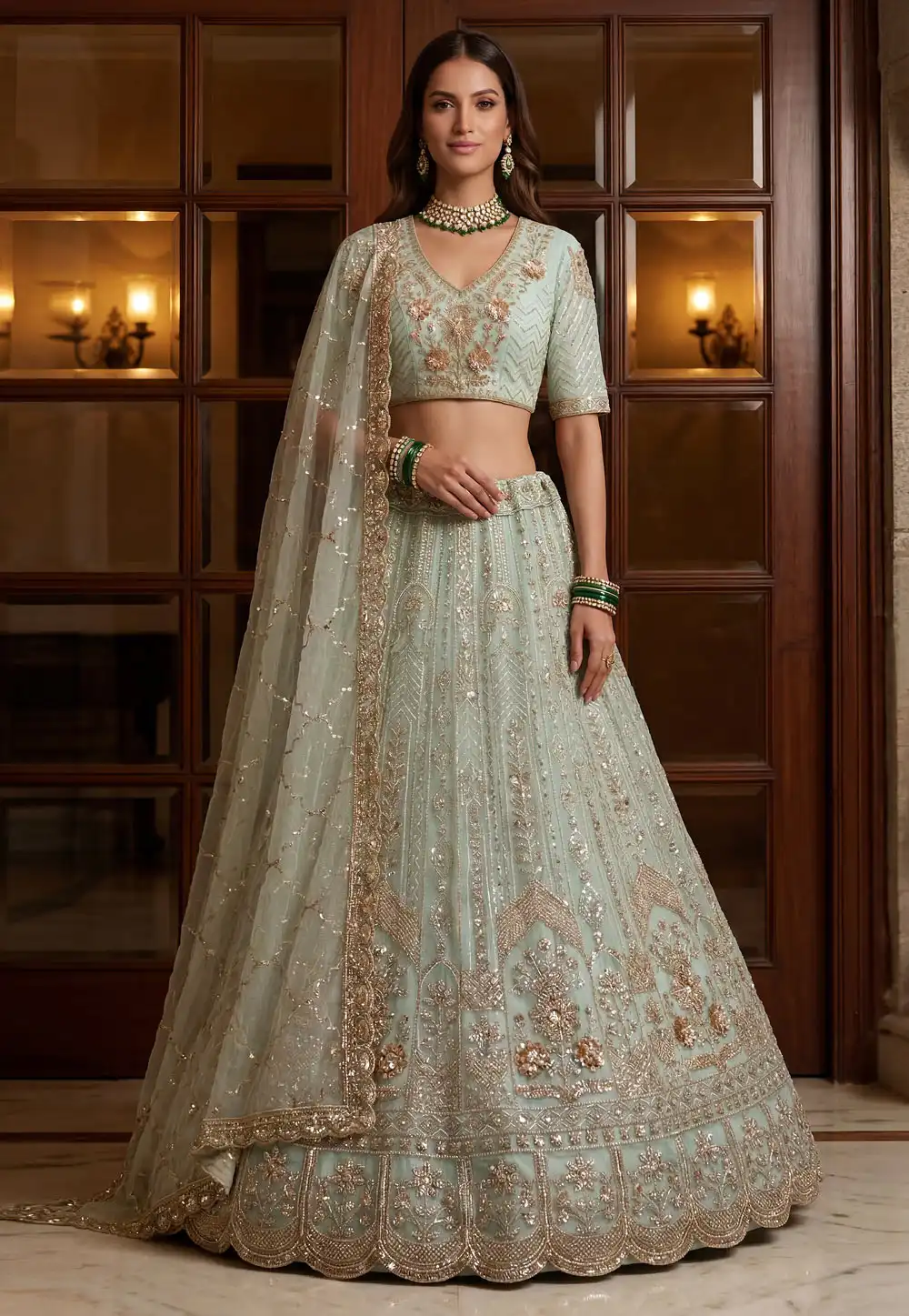 Sea Green Net Lehenga Choli For Wedding 327005