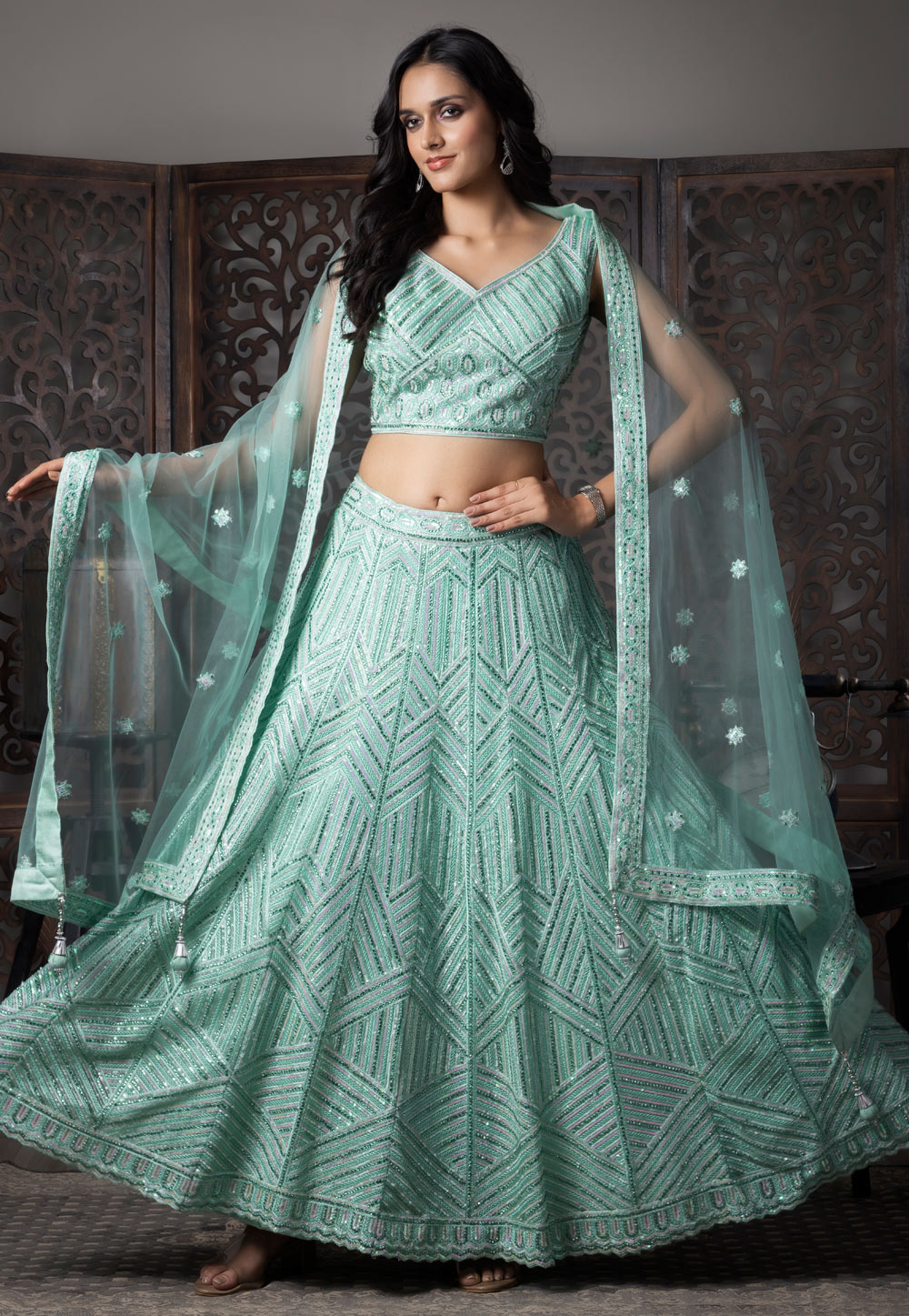 Sea Green Net Readymade Lehenga Choli 307858