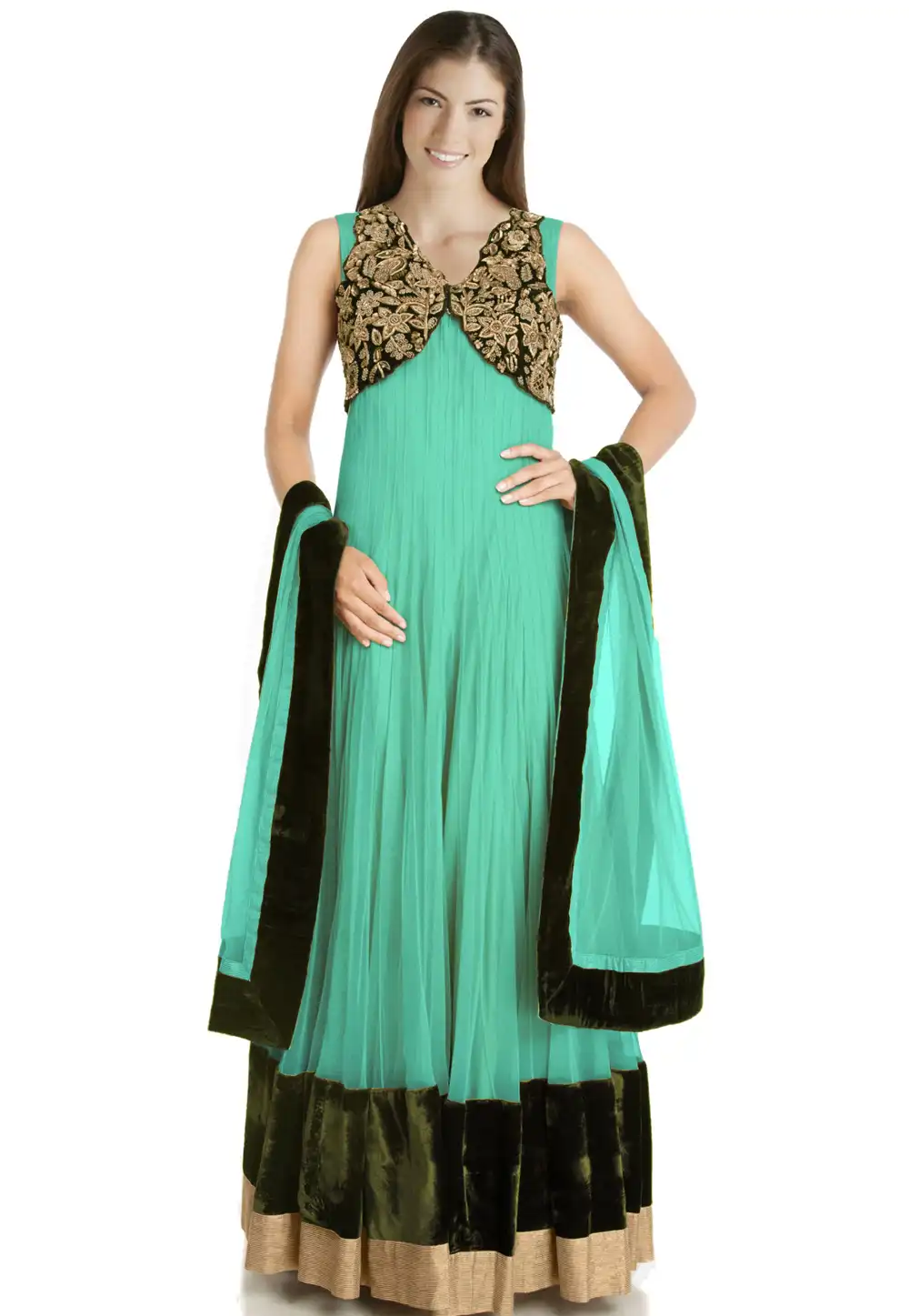 Sea Green Net Readymade Long Anarkali Suit 322187