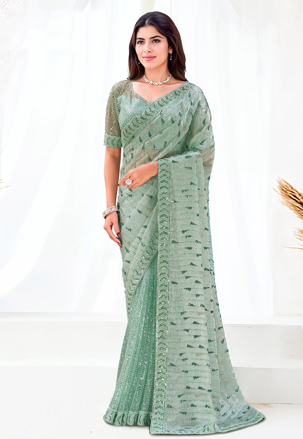Sea Green Net Saree With Blouse 326773