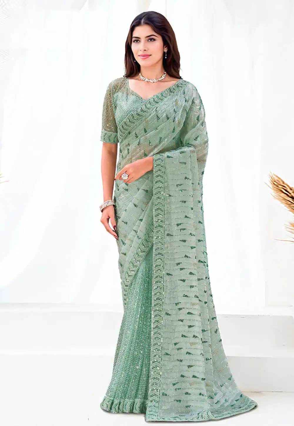 Sea Green Net Saree With Blouse 326773