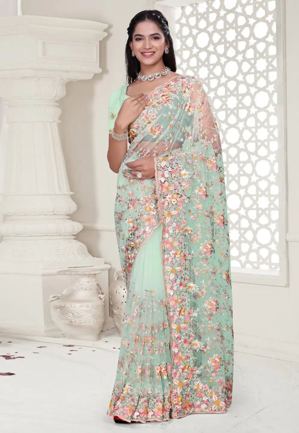 Sea Green Net Saree With Blouse 313683