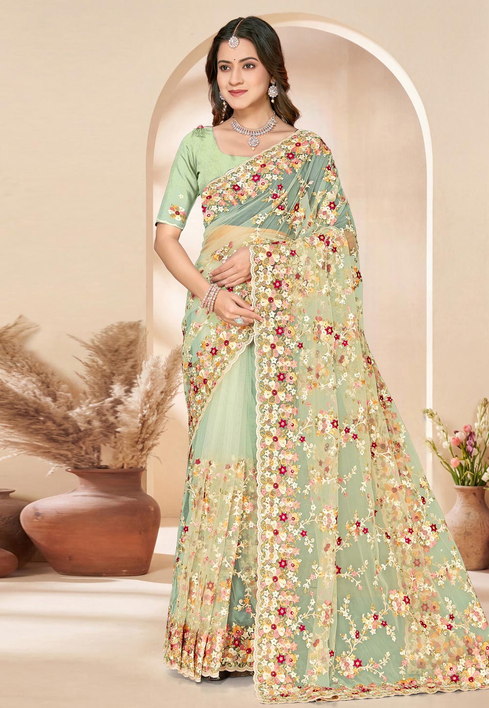 Sea Green Net Saree With Blouse 324912
