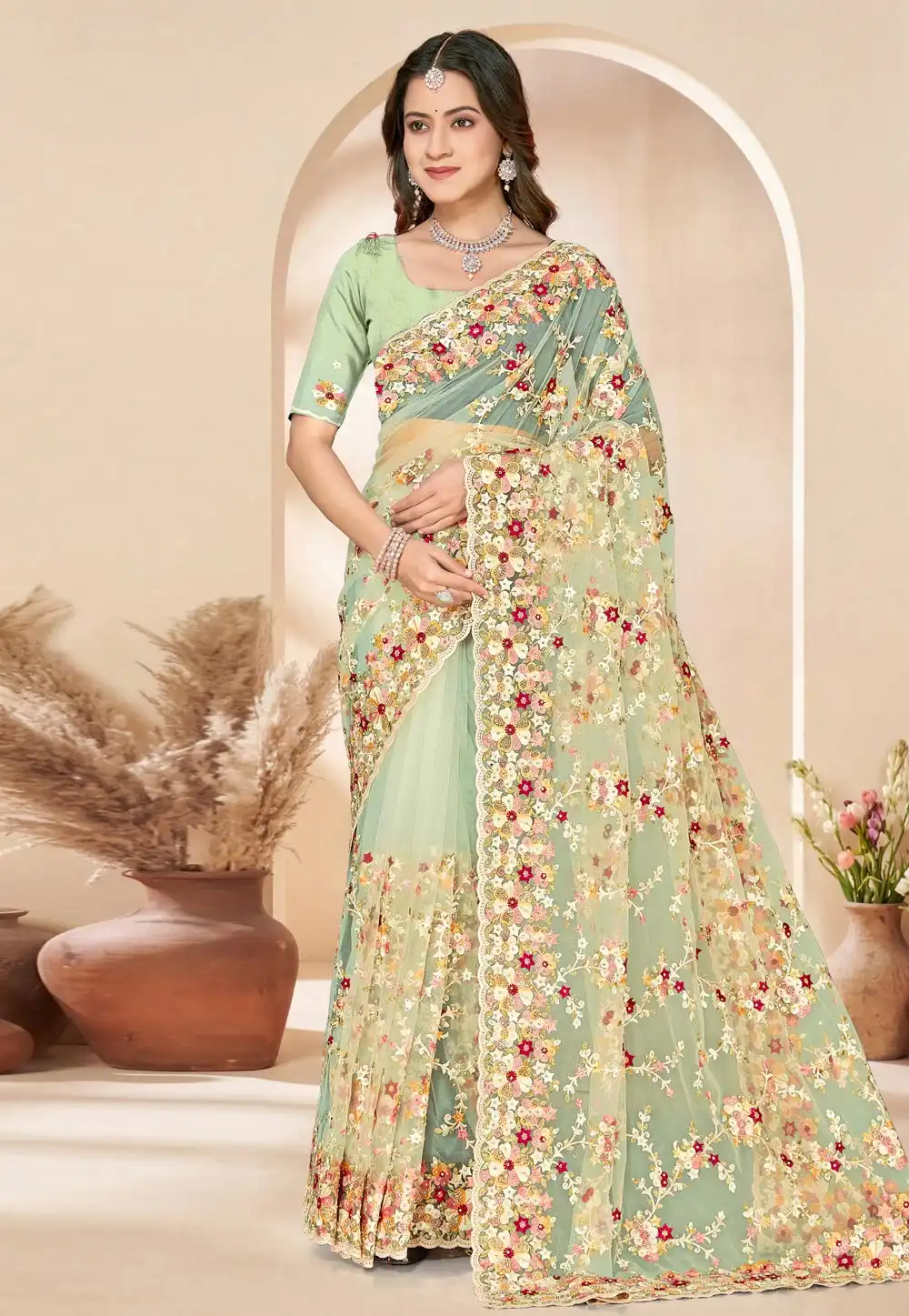 Sea Green Net Saree With Blouse 324912
