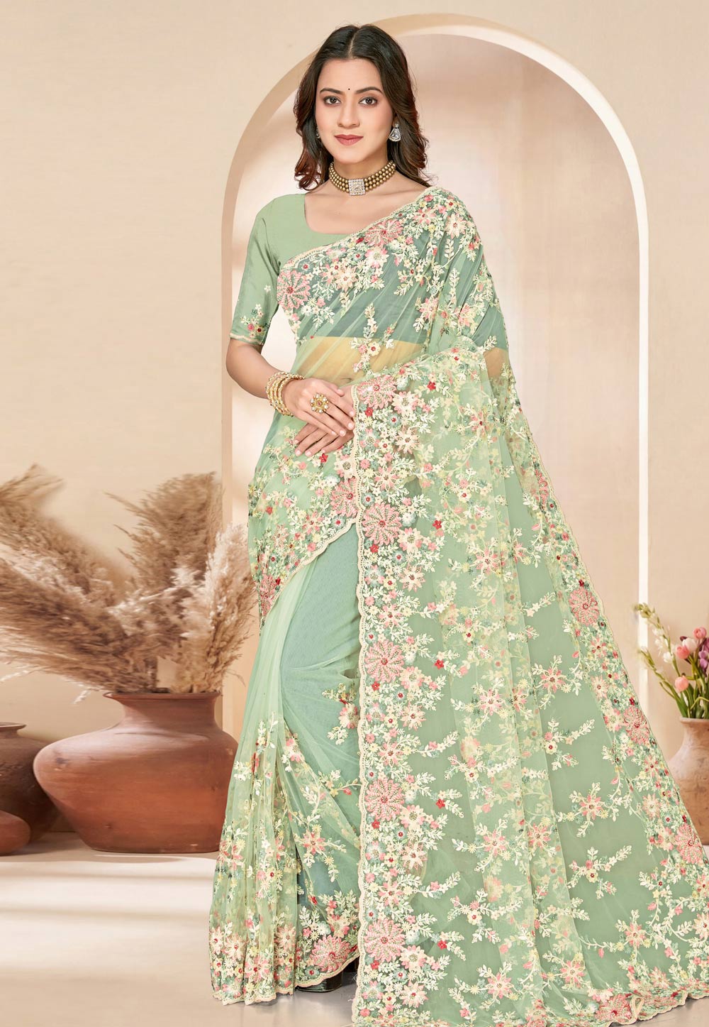 Sea Green Net Saree With Blouse 325410
