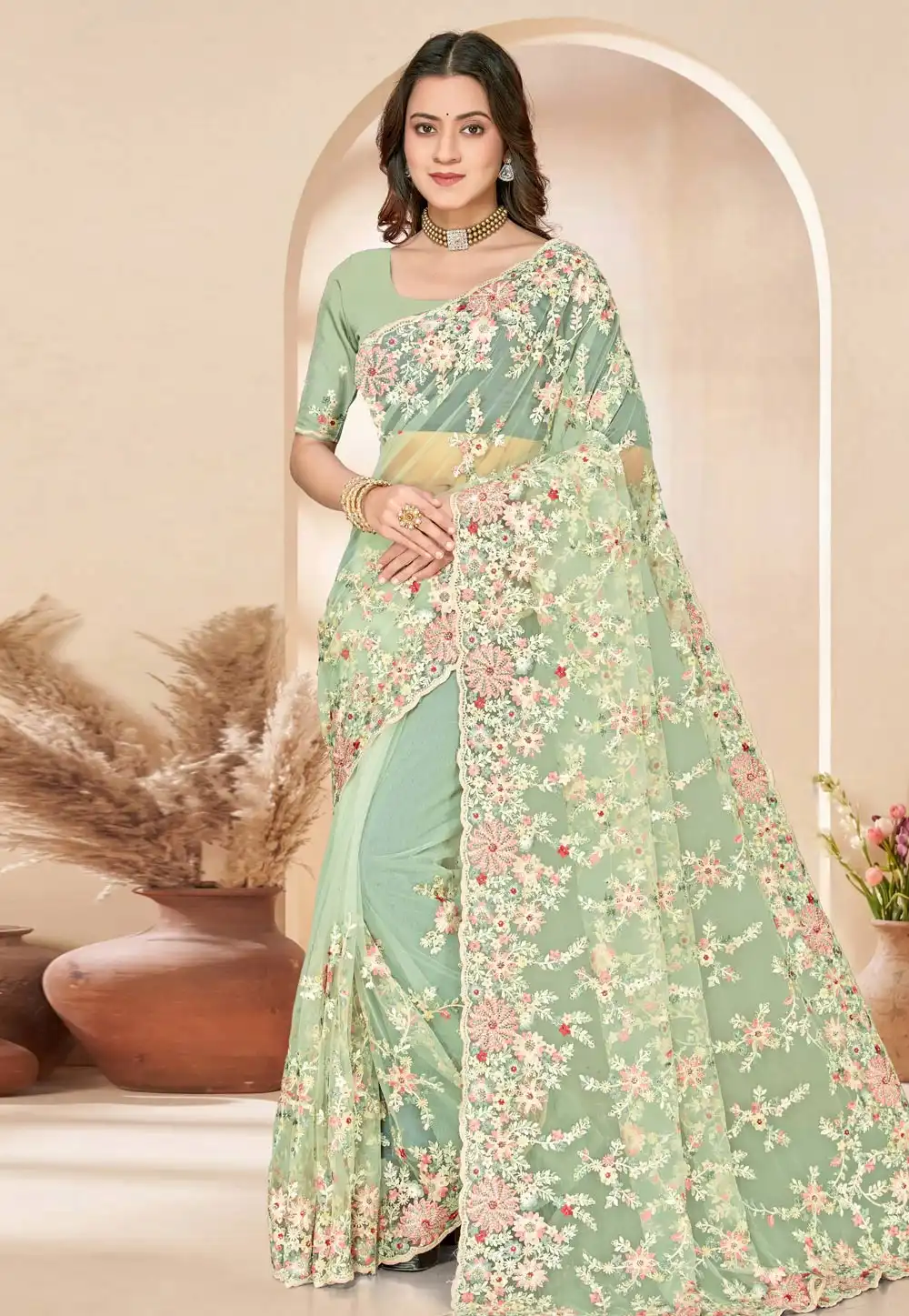 Sea Green Net Saree With Blouse 325410