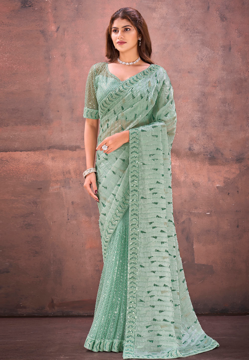 Sea Green Net Sequence Saree 320329