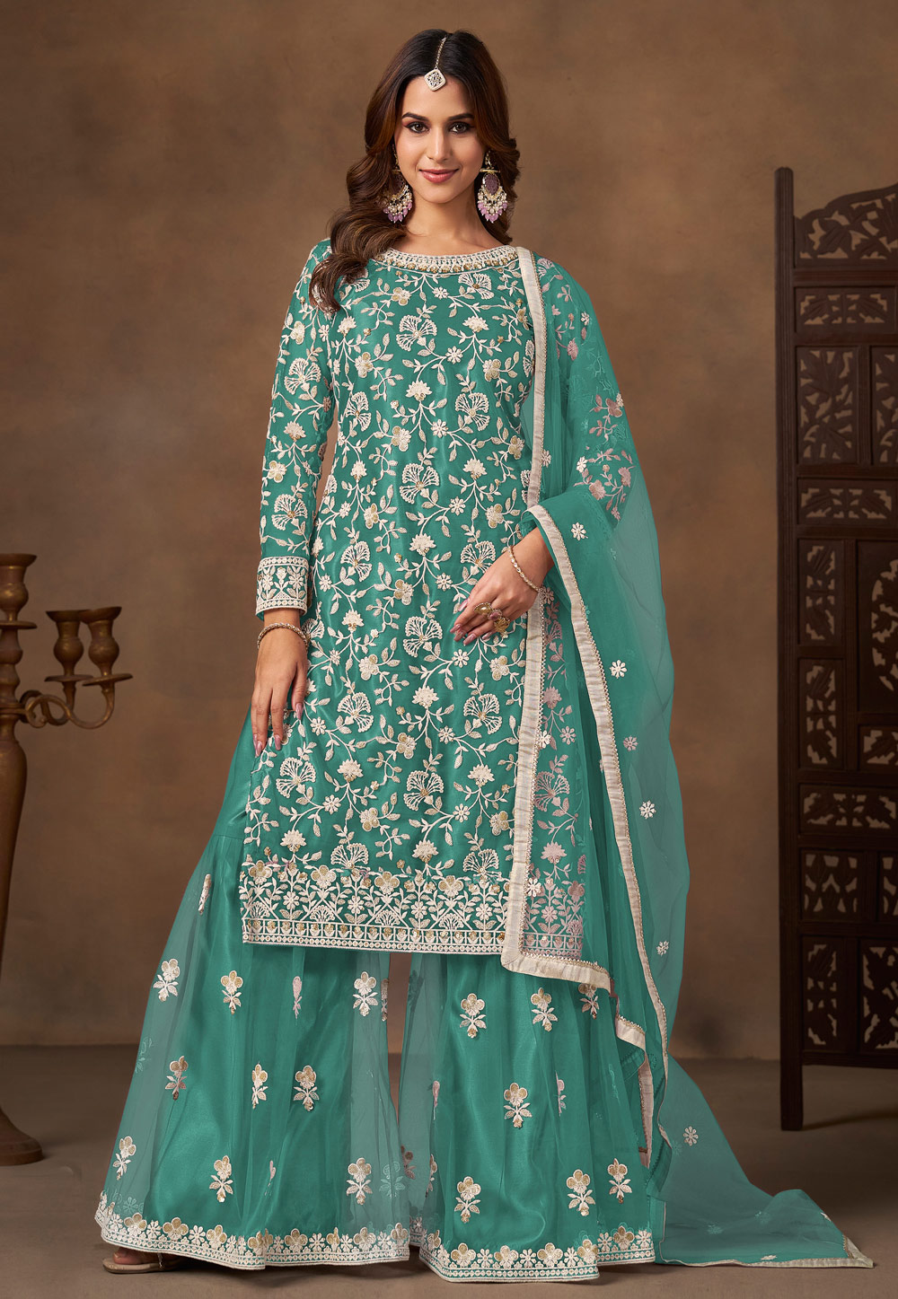 Sea Green Net Sharara Suit 320373