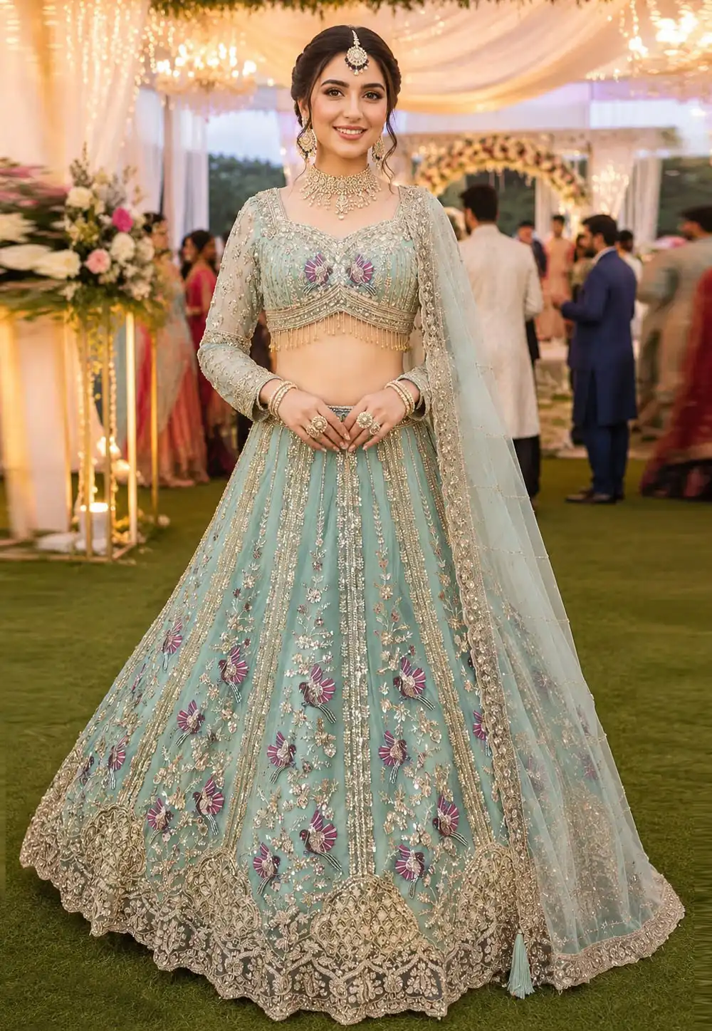 Sea Green Net Wedding Lehenga Choli 330132