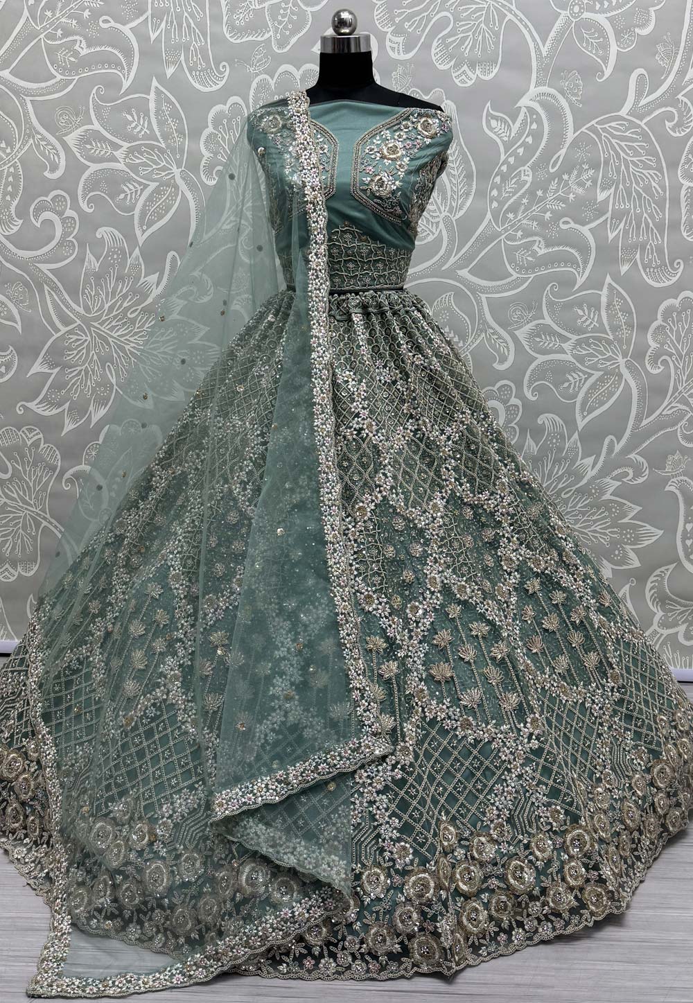 Sea Green Net Wedding Lehenga Choli 308694