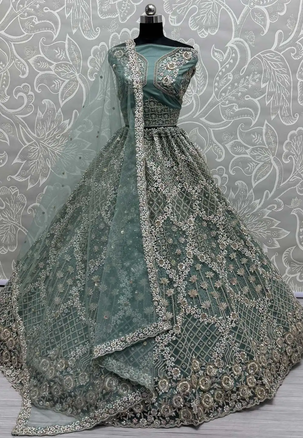 Sea Green Net Wedding Lehenga Choli 308694