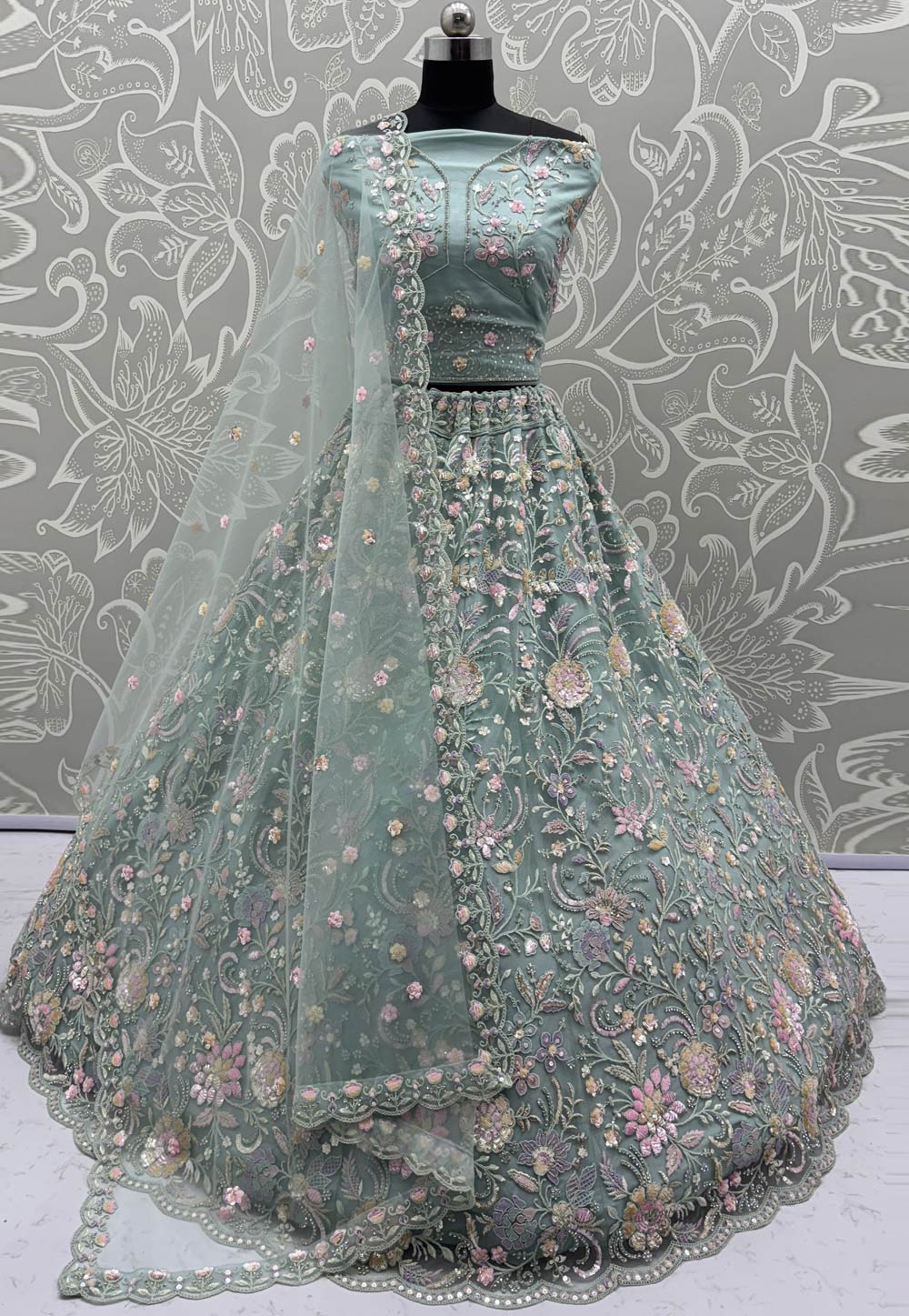 Sea Green Net Wedding Lehenga Choli 318251