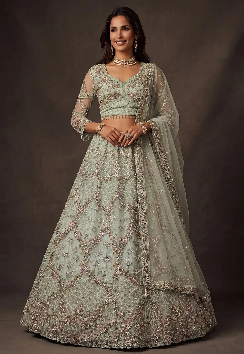 Sea Green Net Wedding Lehenga Choli 327817