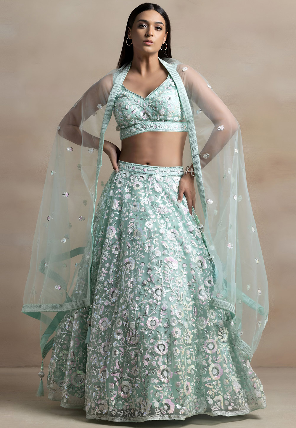 Sea Green Net Wedding Lehenga Choli 328814