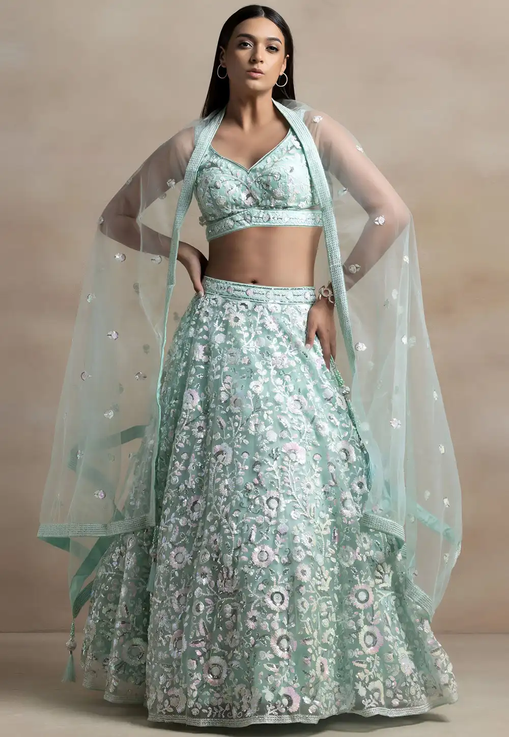 Sea Green Net Wedding Lehenga Choli 328814