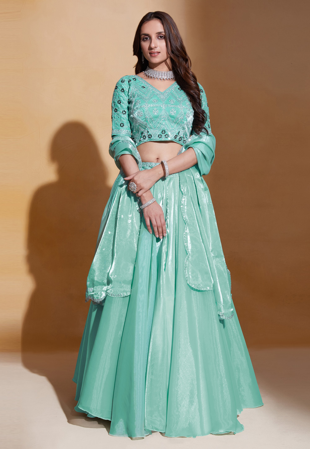 Sea Green Organza Circular Lehenga Choli 279322