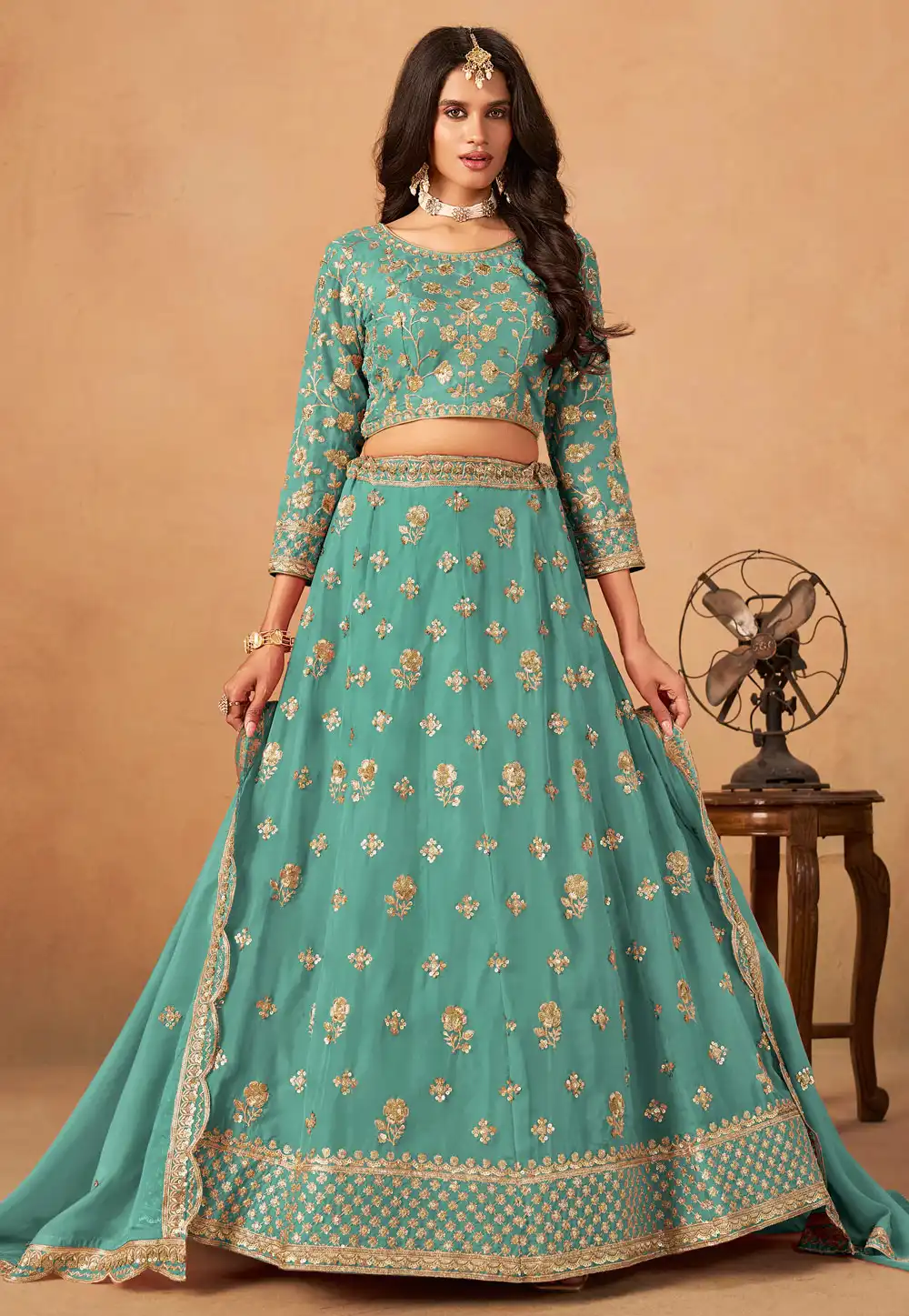 Sea Green Organza Lehenga Choli 317199