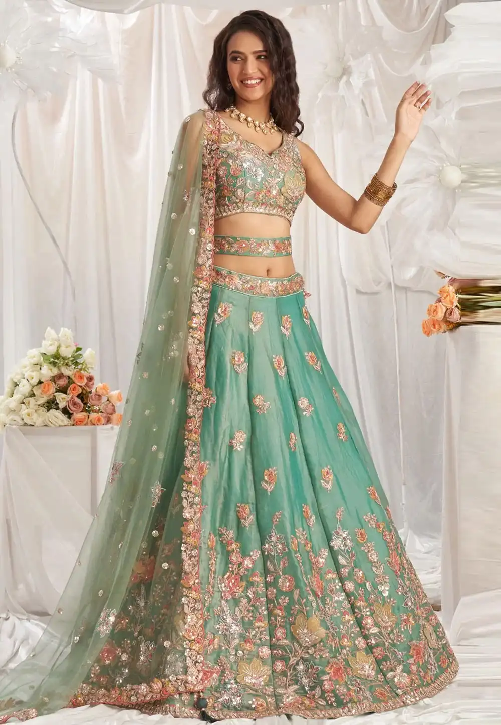 Sea Green Organza Lehenga Choli 329204