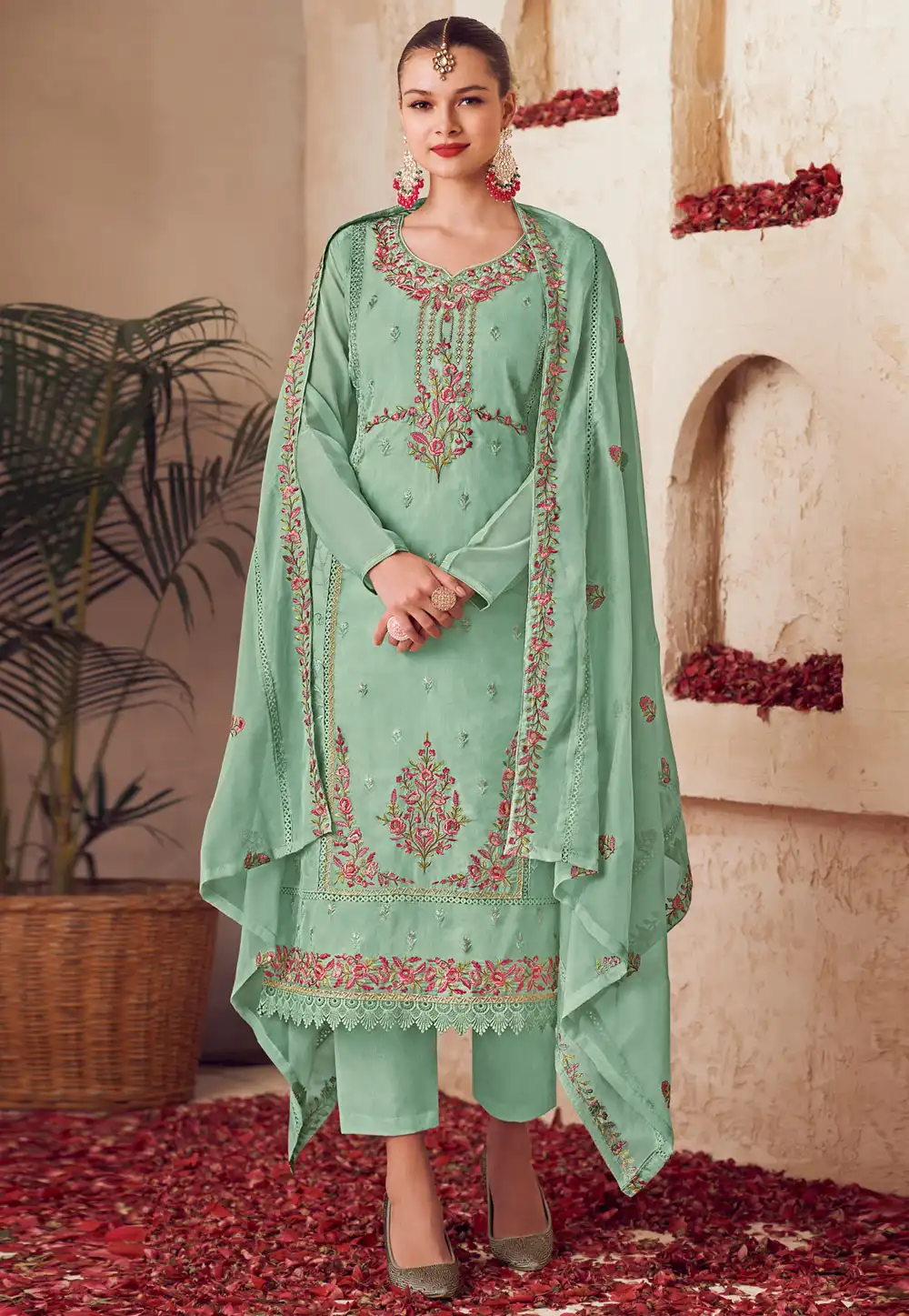 Sea Green Organza Pakistani Suit 310708