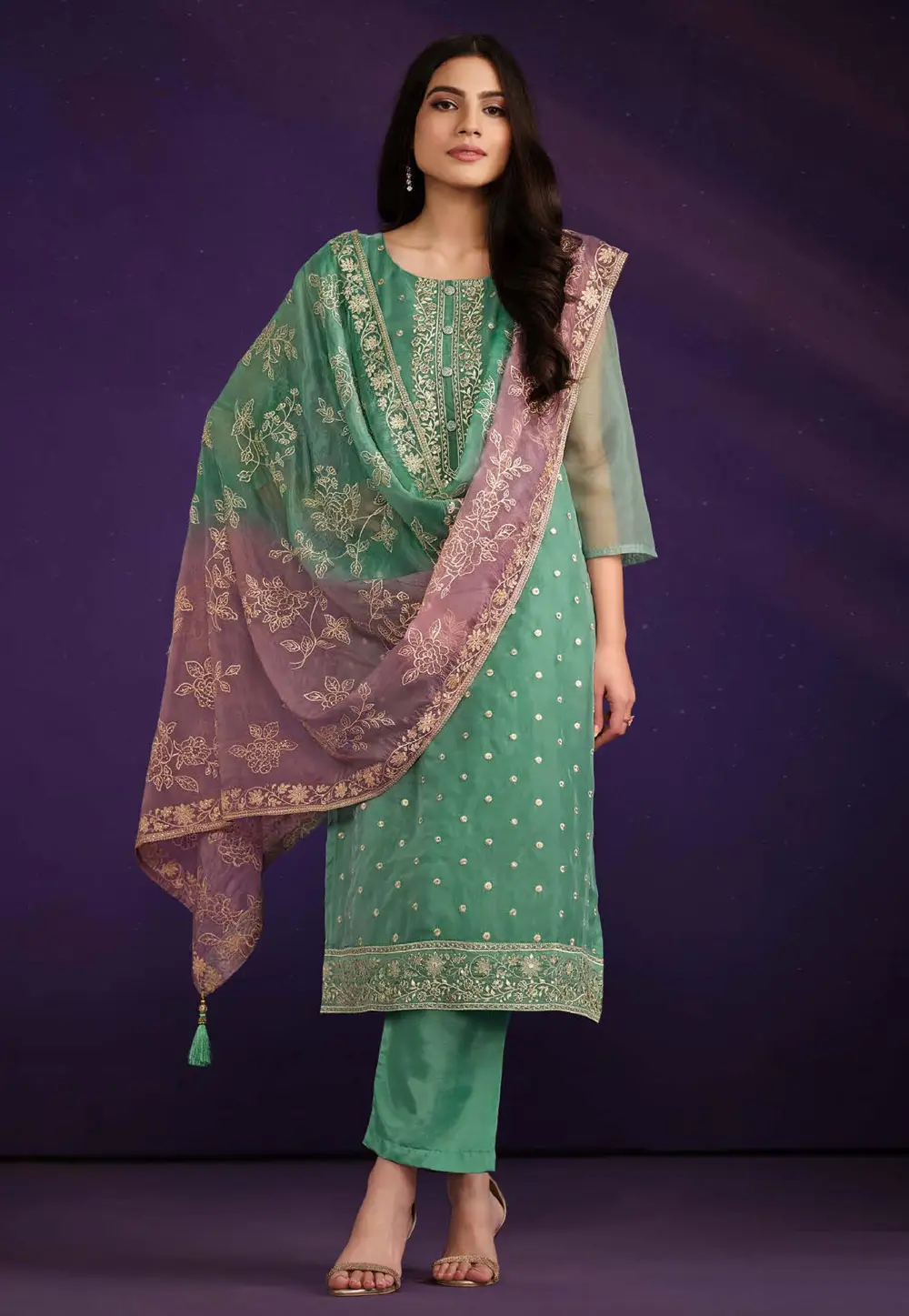 Sea Green Organza Pant Style Suit 336785